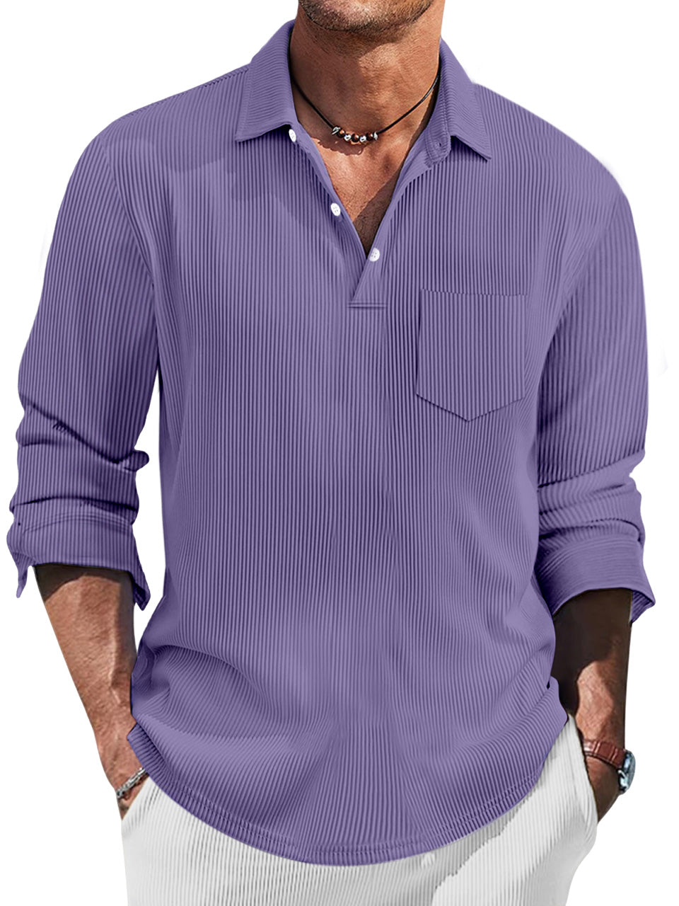 Men's Simple Solid Color Pit Lapel Button-up Polo Shirt