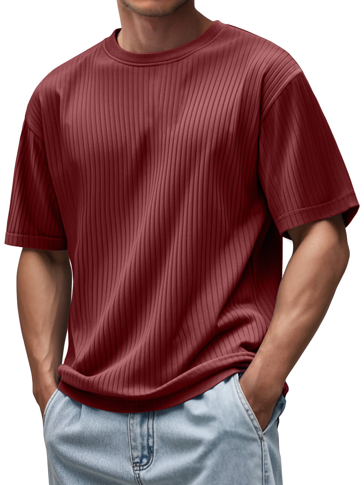 Men's Daily Round Neck Pitted Texture Casual Short-sleeved T-shirt