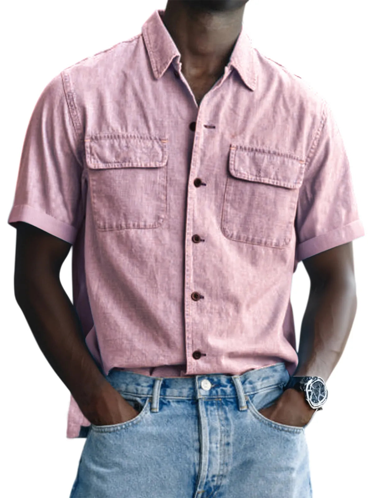 Men's Vintage Utility Double Pocket Button Down Short Sleeve Shirt