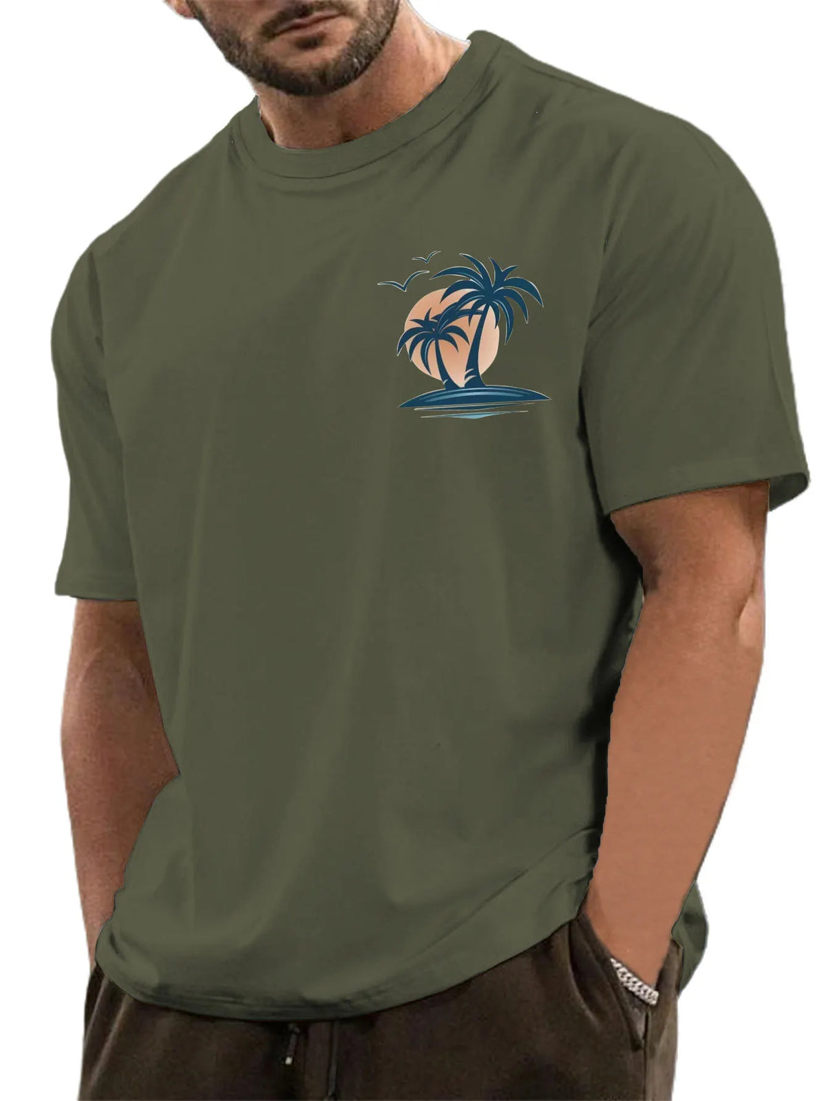 Men's Cotton Basic Casual Palm Tree Print Comfortable Short-sleeved T-shirt