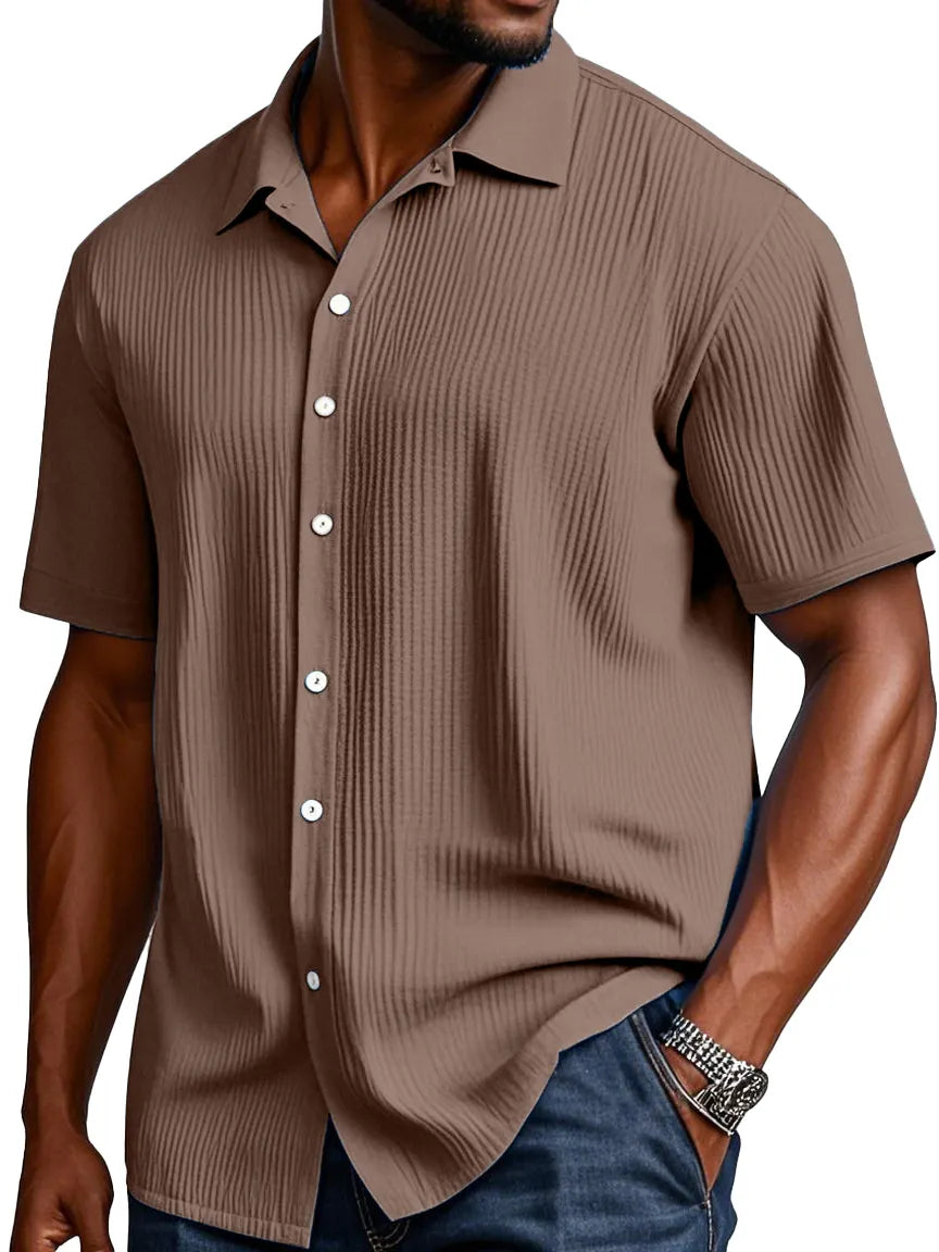 Men's Comfortable Solid Color Texture Short Sleeve Button Shirt