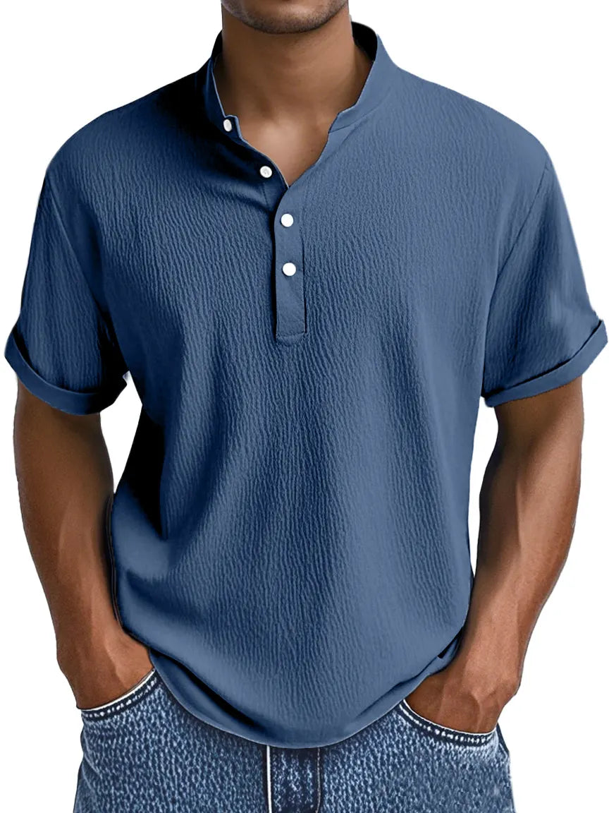 Men's Summer Daily Solid Color Pleated Texture Short-sleeved Henley Shirt