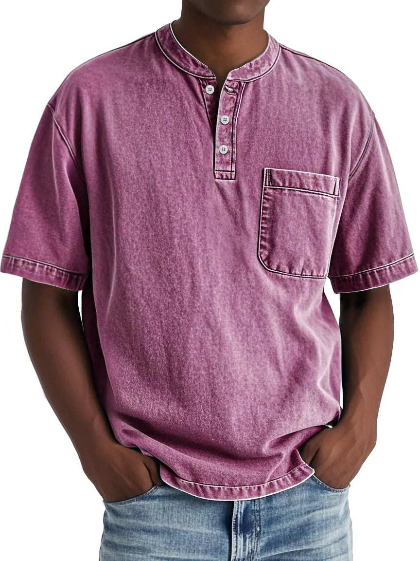 Men's Vintage Distressed Stand Collar Pocket Casual Short Sleeve Henley Shirt