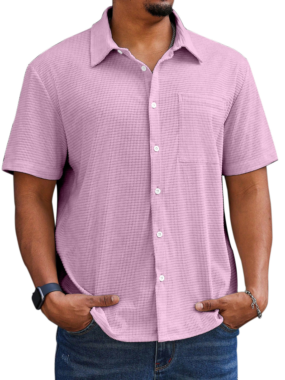 Men's Casual Simple Comfortable Waffle Short Sleeve Shirt