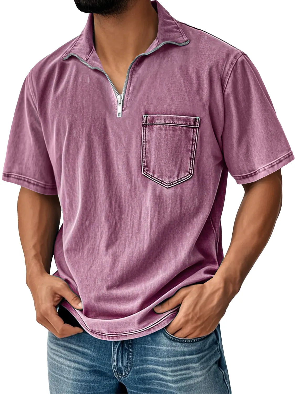 Men's Retro Daily Stand Collar Zipper Pocket Casual Short Sleeve T-shirt