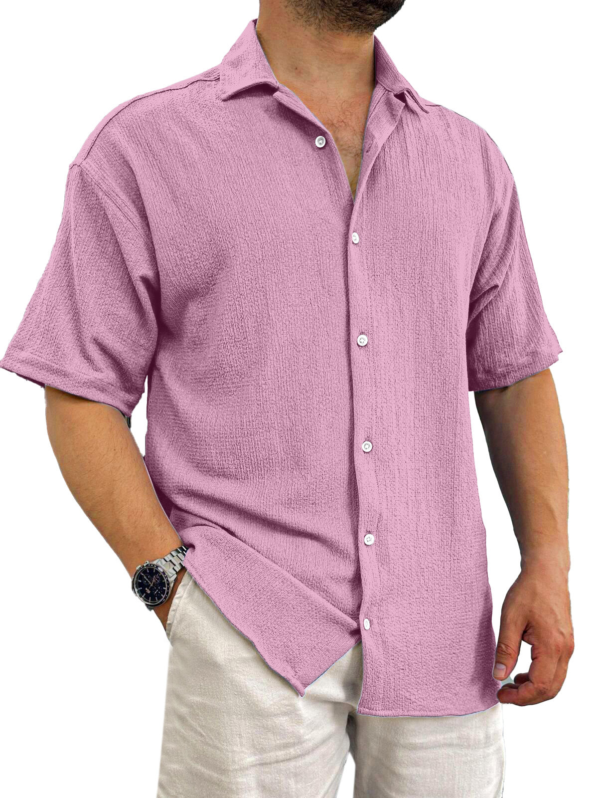 Men's Casual Daily Solid Color Texture Solid Color Short-sleeved Shirt