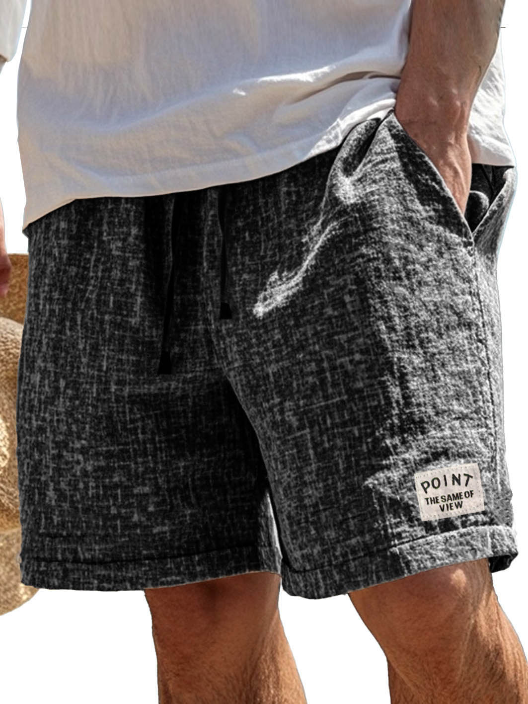 Men's Fashion Casual Hemp Fabric Pocket Embroidered Logo Shorts