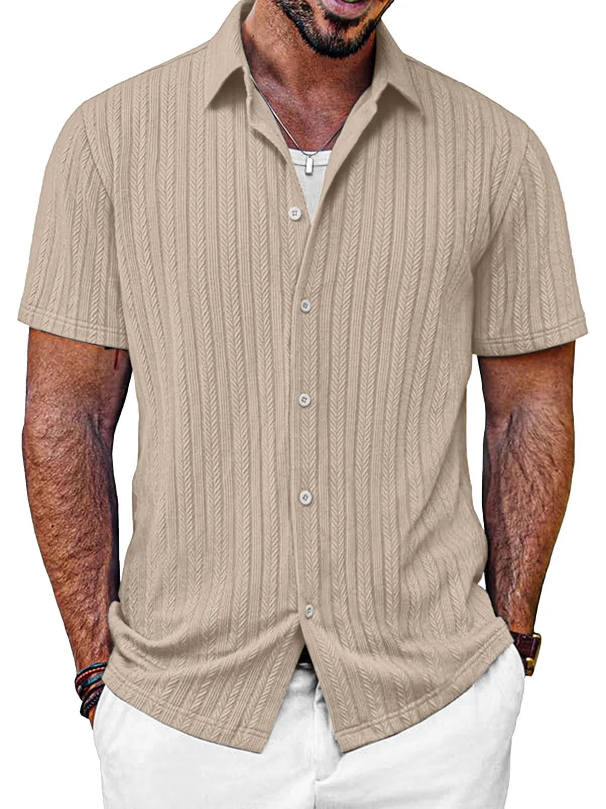 Men's Casual Solid Color Textured Short-sleeved Button-down Shirt