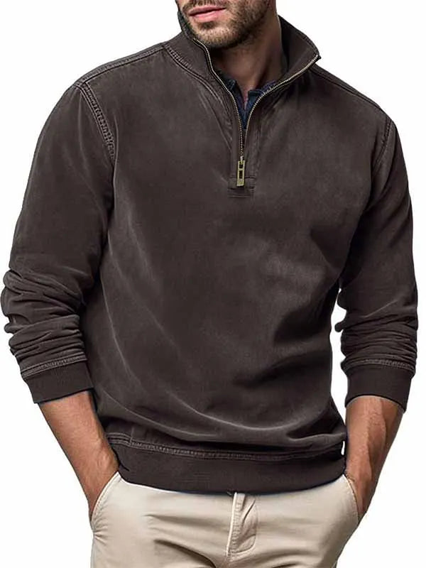 Men's Fashionable Long Sleeve Washed Zip Sweatshirt