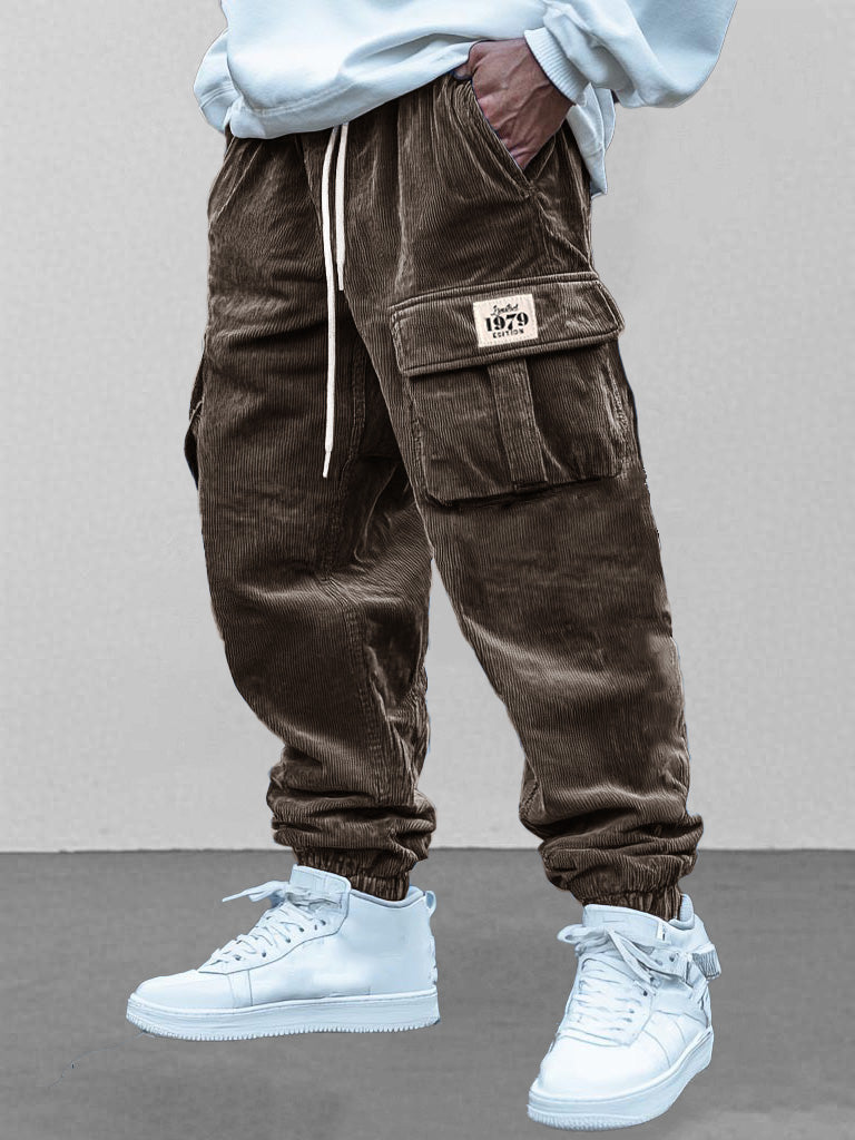 Men's Fashion Retro Workwear Pocket Elastic Drawstring Trousers
