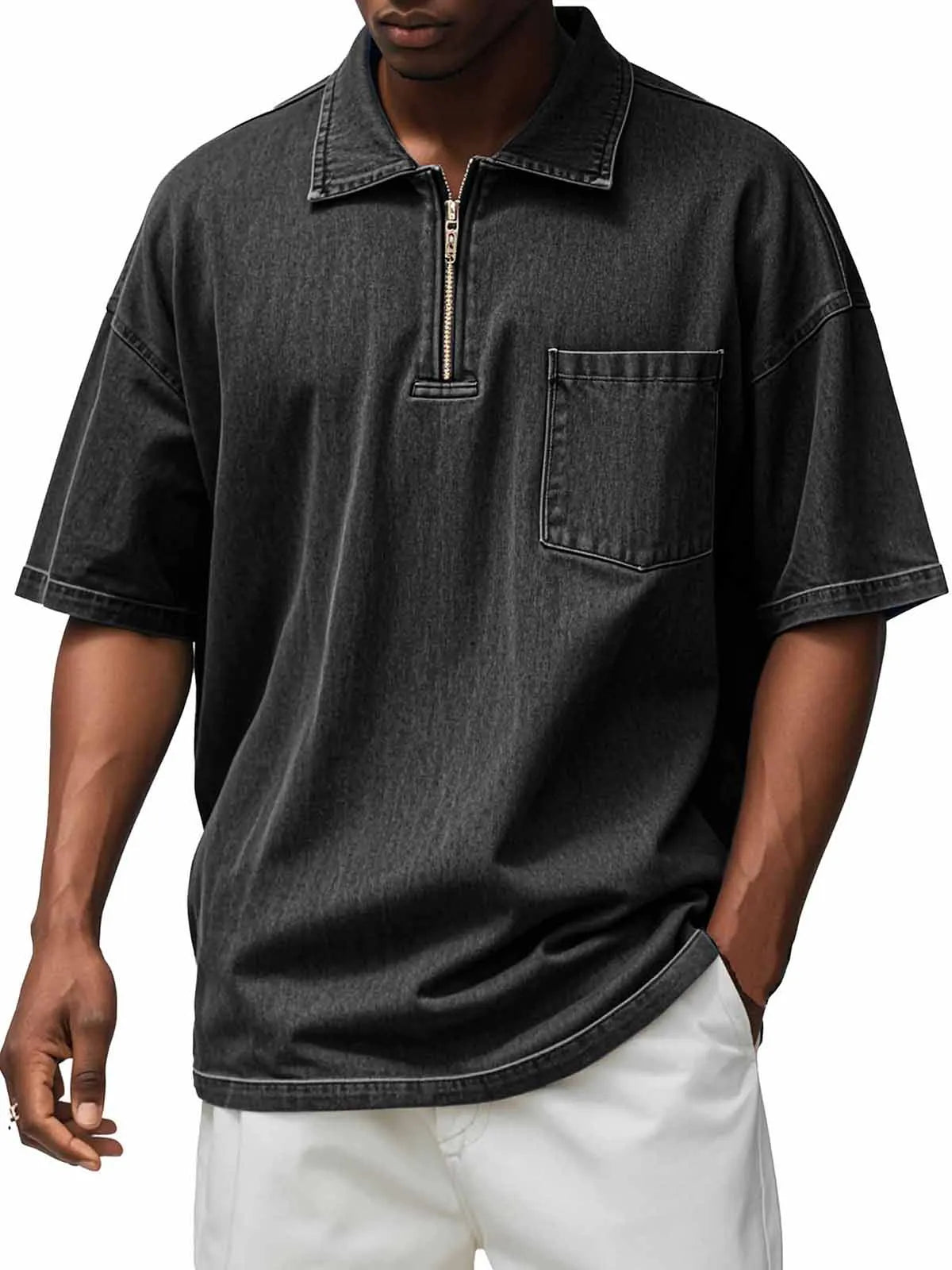 Men's Retro Distressed Zip Pocket Short Sleeve Polo Shirt