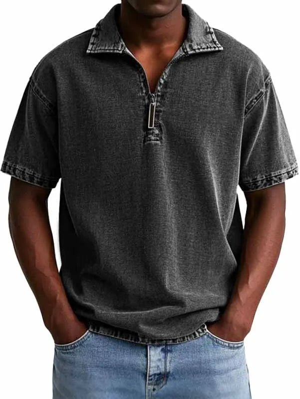 Men's Retro Distressed Zip Short Sleeve Polo Shirt