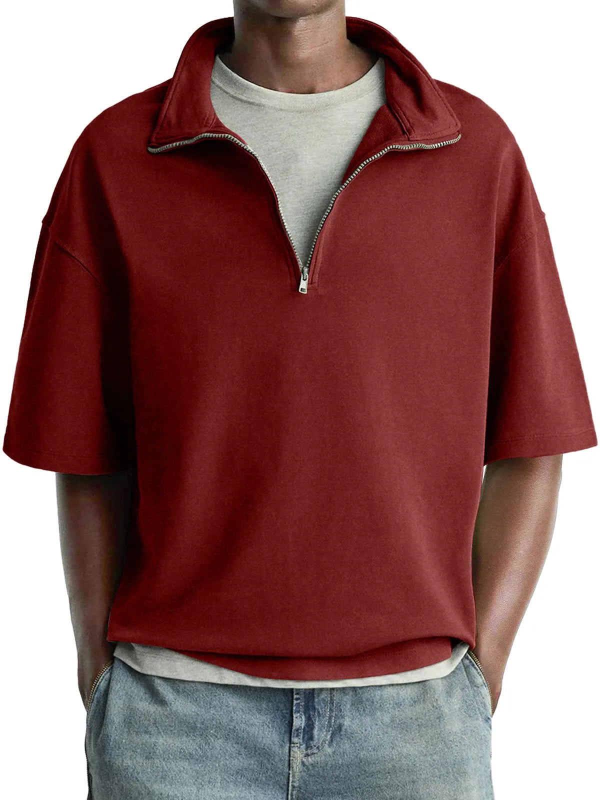 Men's Daily Casual Stand Collar Zipper Comfortable Short-sleeved T-shirt