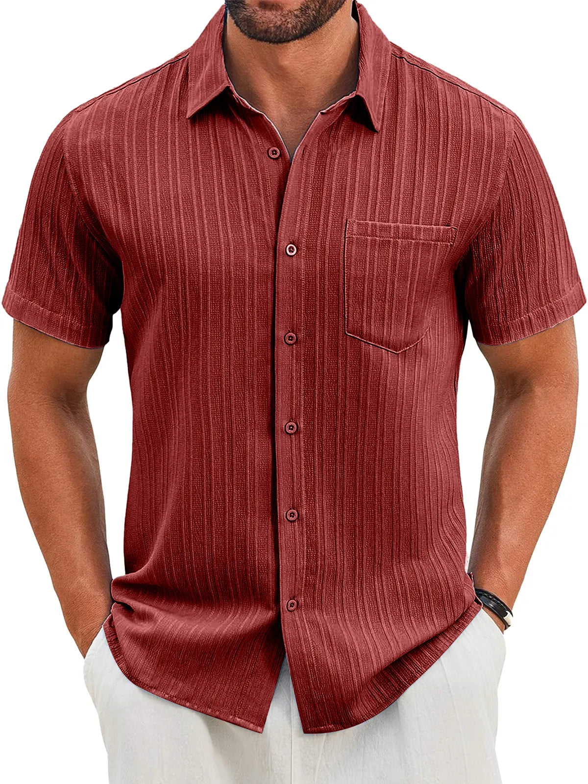 Men's Casual Vertical Striped Textured Lapel Solid Color Short-sleeved Shirt
