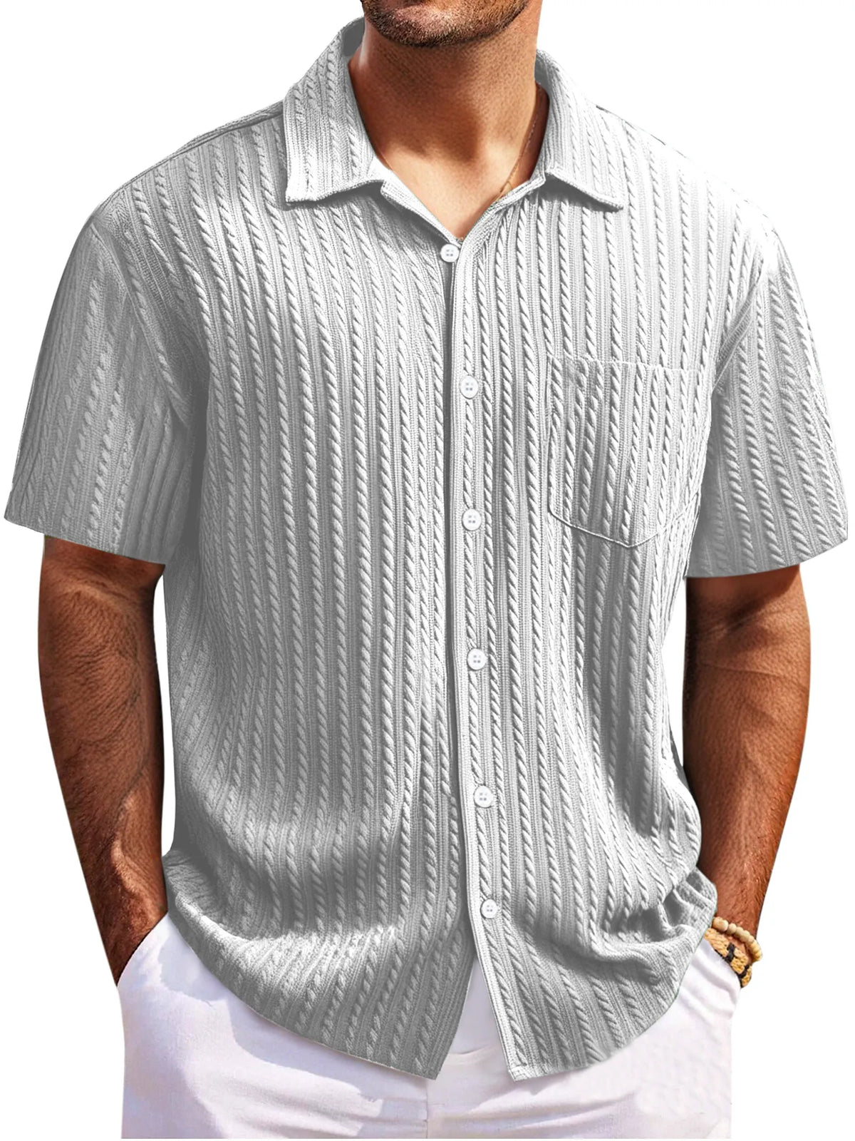 Men's Simple Everyday Twist Texture Short-sleeved Lapel Button-down Shirt