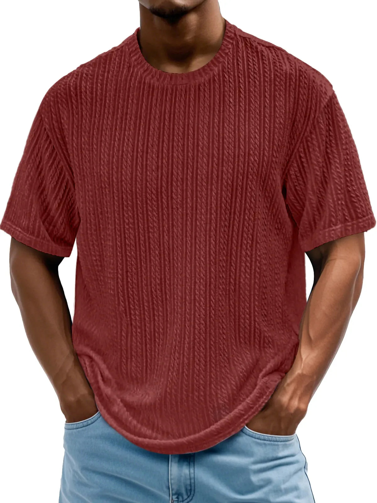 Men's Daily Round Neck Casual Texture Solid Color Comfortable Short-sleeved T-shirt