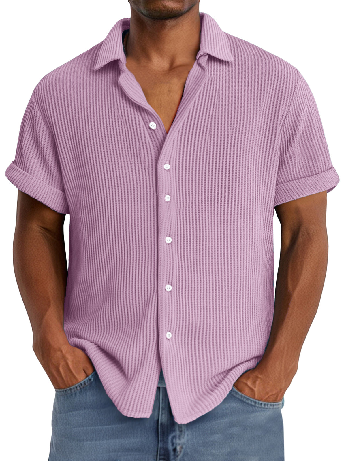 Men's summer casual simple waffle texture short-sleeved shirt