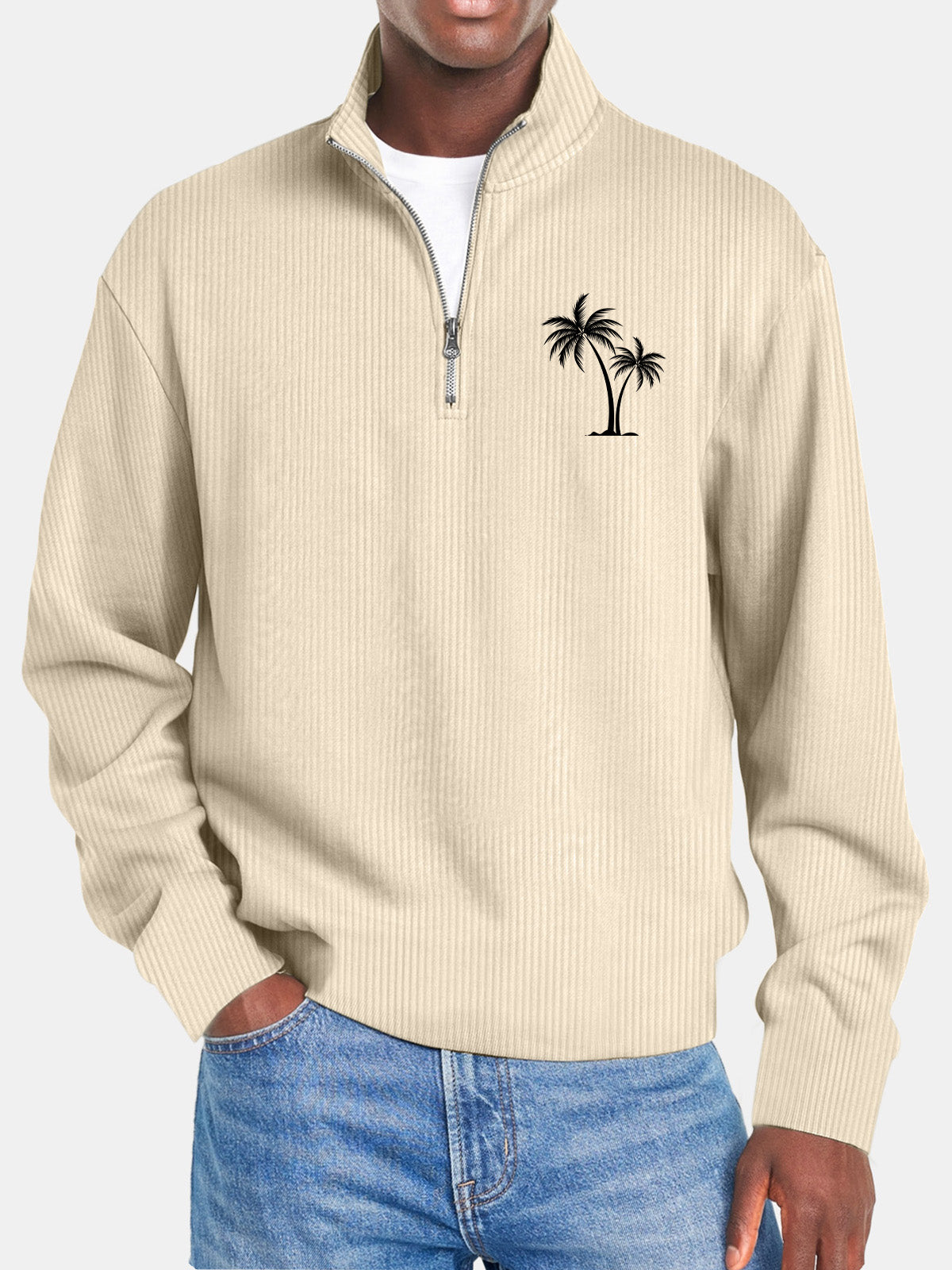 Men's Casual Solid Color Vertical Pit Stripe Coconut Tree Print Zipper Long Sleeve Top