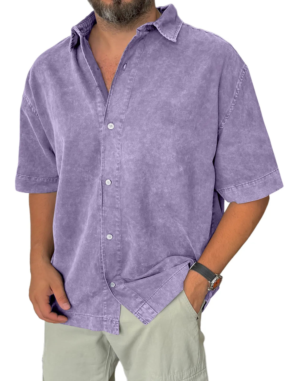Men's Retro Everyday Casual Lapel Solid Color Short Sleeve Shirt