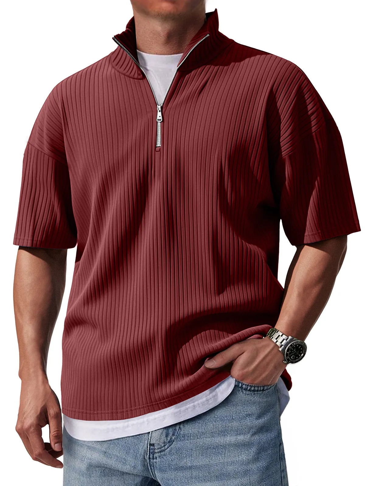 Men's Stand Collar Zipper Pit Casual Solid Color Short-sleeved T-shirt