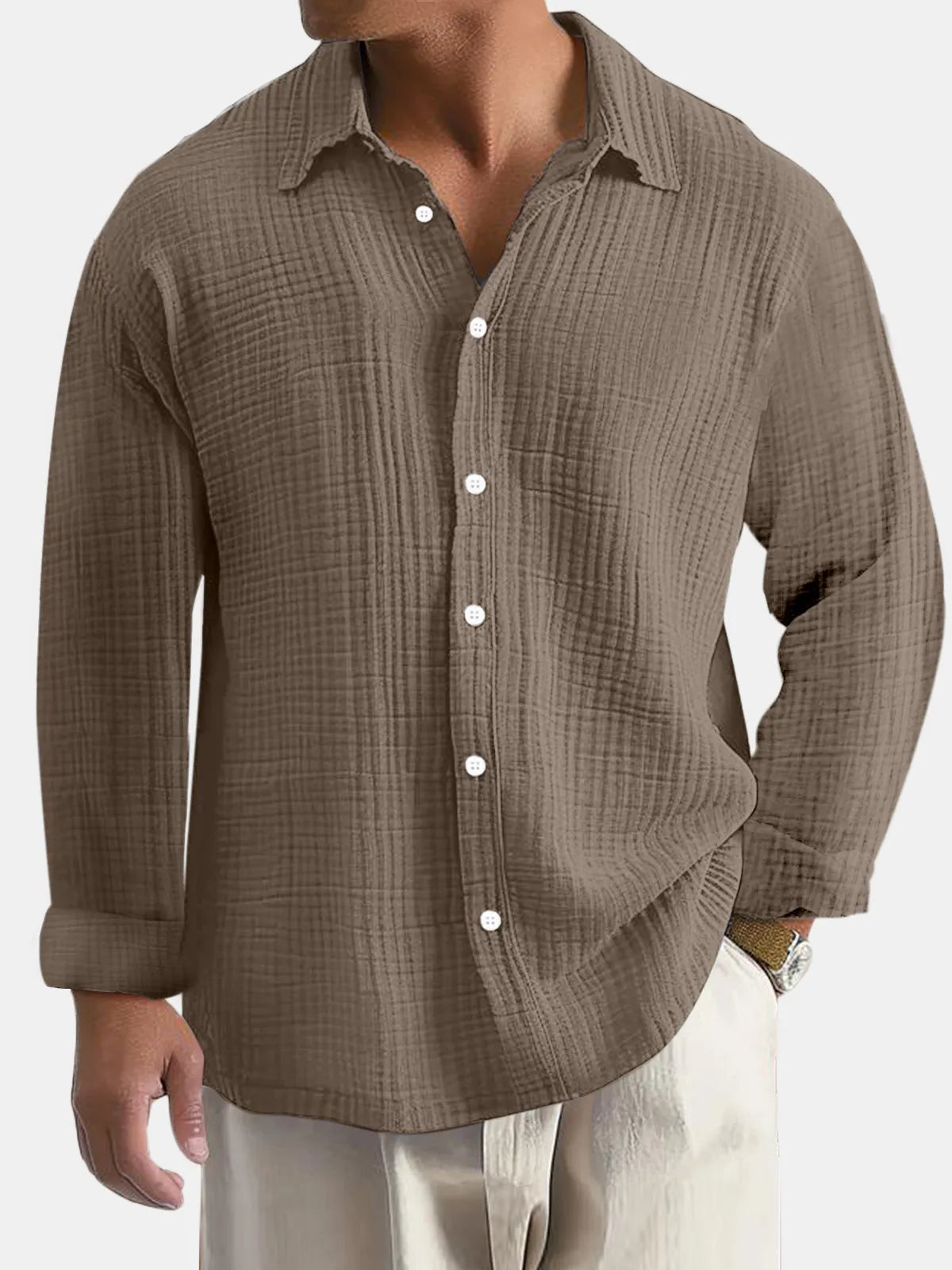 Men's Everyday Solid Color Pleated Textured Comfort Long Sleeve Shirt