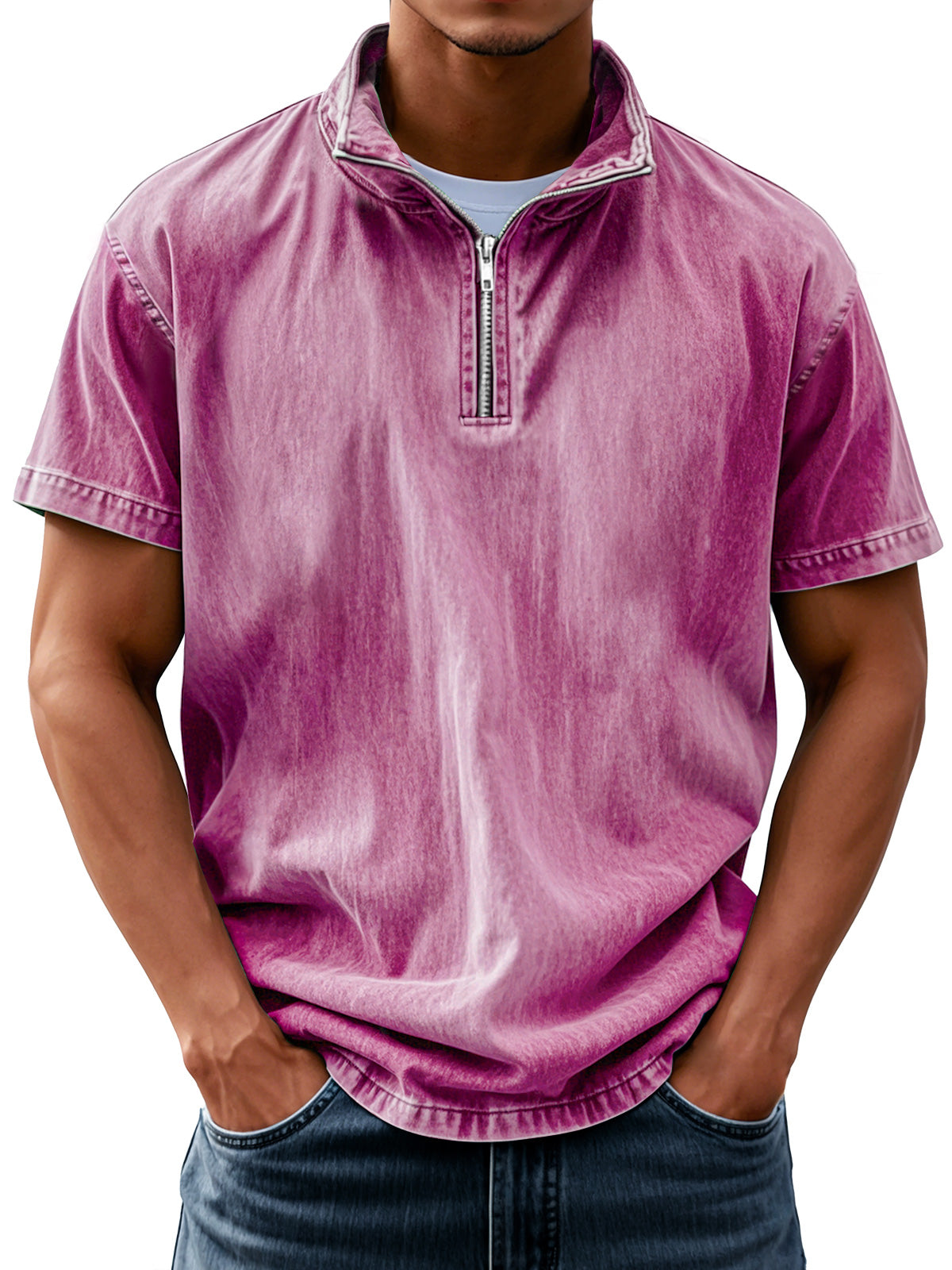 Men's Retro Everyday Stand Collar Zipper Solid Color Short Sleeve Shirt