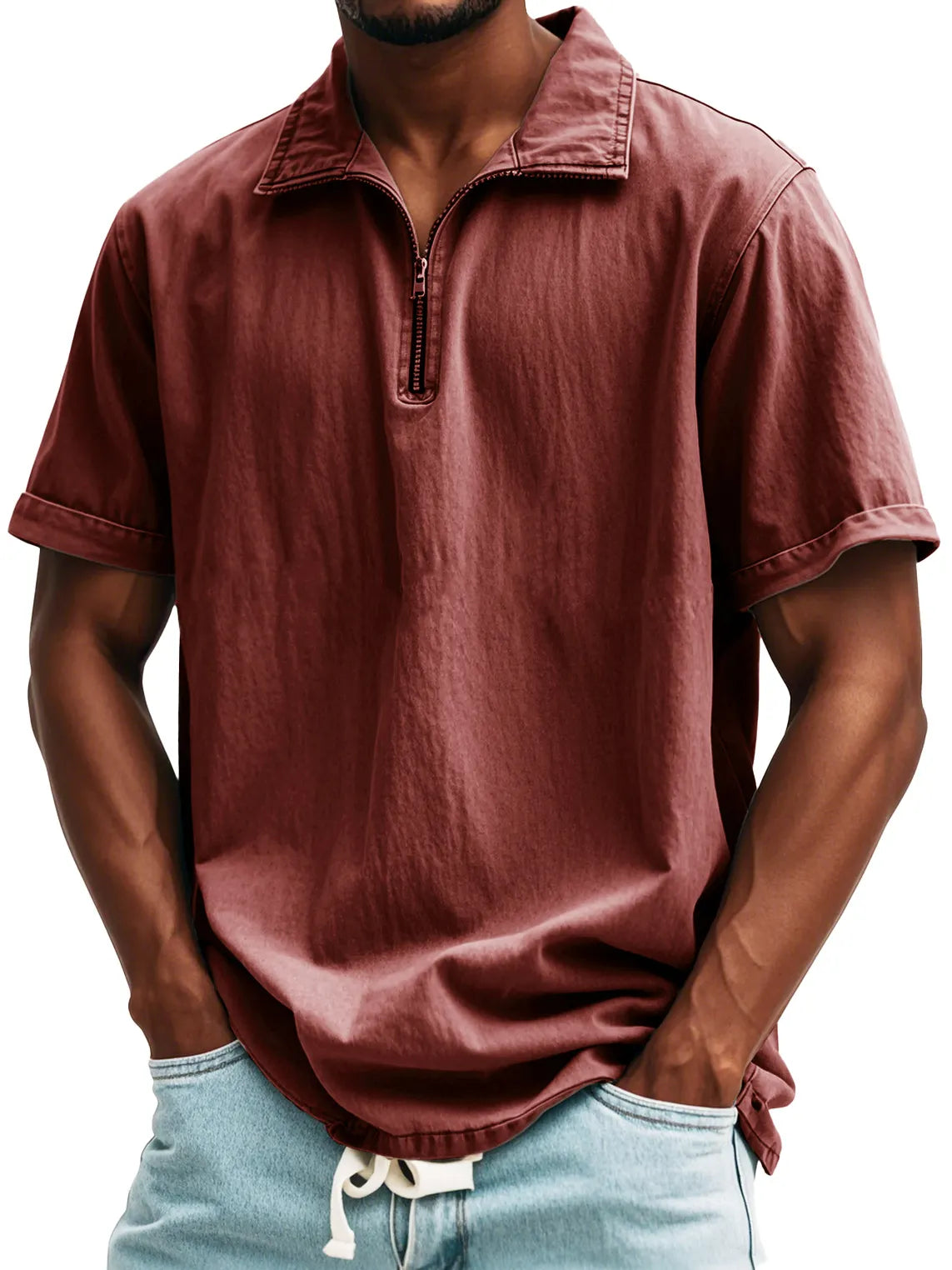 Men's Fashion Retro Zipper Stand Collar Short Sleeve Shirt