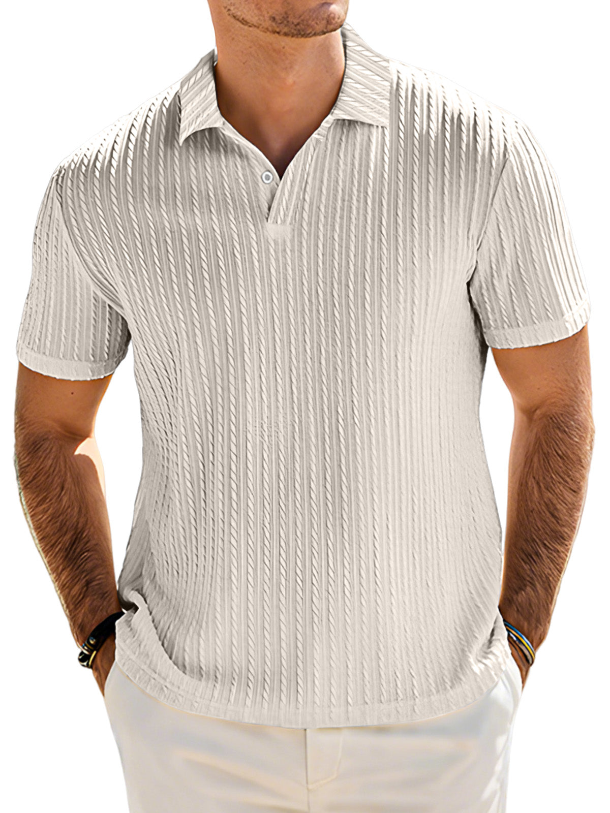 Men's Casual Solid Color Textured Lapel Button Short Sleeve Polo Shirt