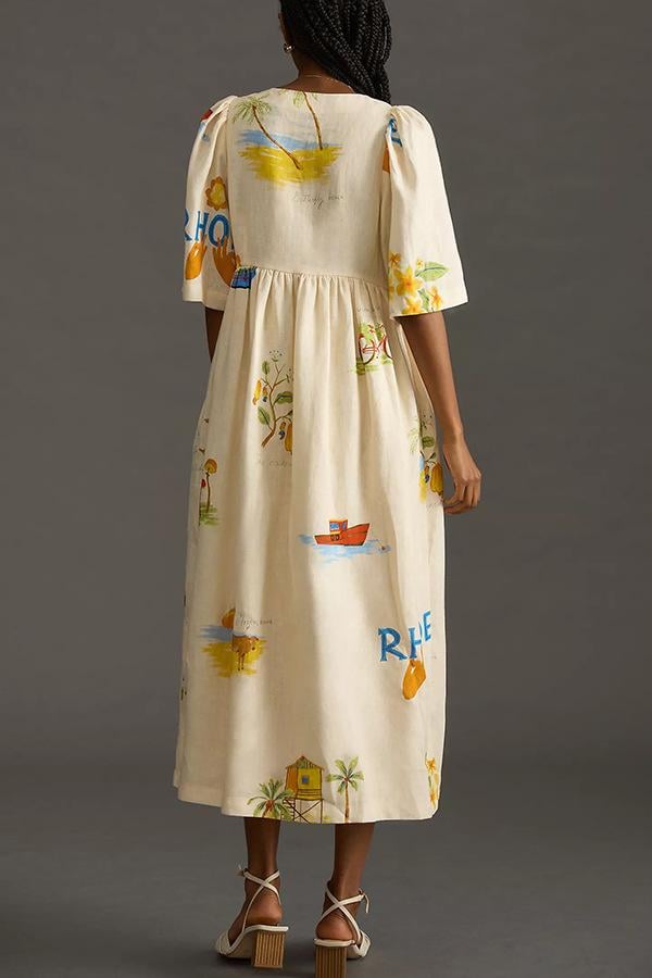 Printed Linen Midi Dress