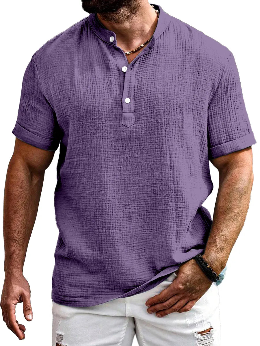 Men's Everyday Solid Color Texture Short-sleeved Half-open Collar Henley Shirt