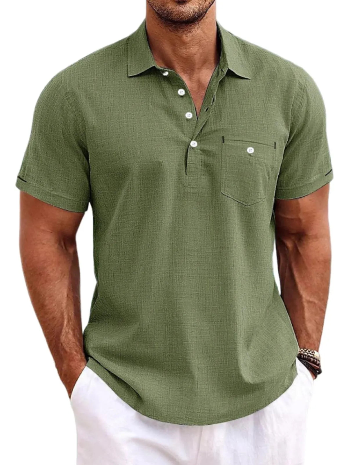 Men's Breathable Casual Button Chest Pocket Lapel Linen Short Sleeve POLO Shirt