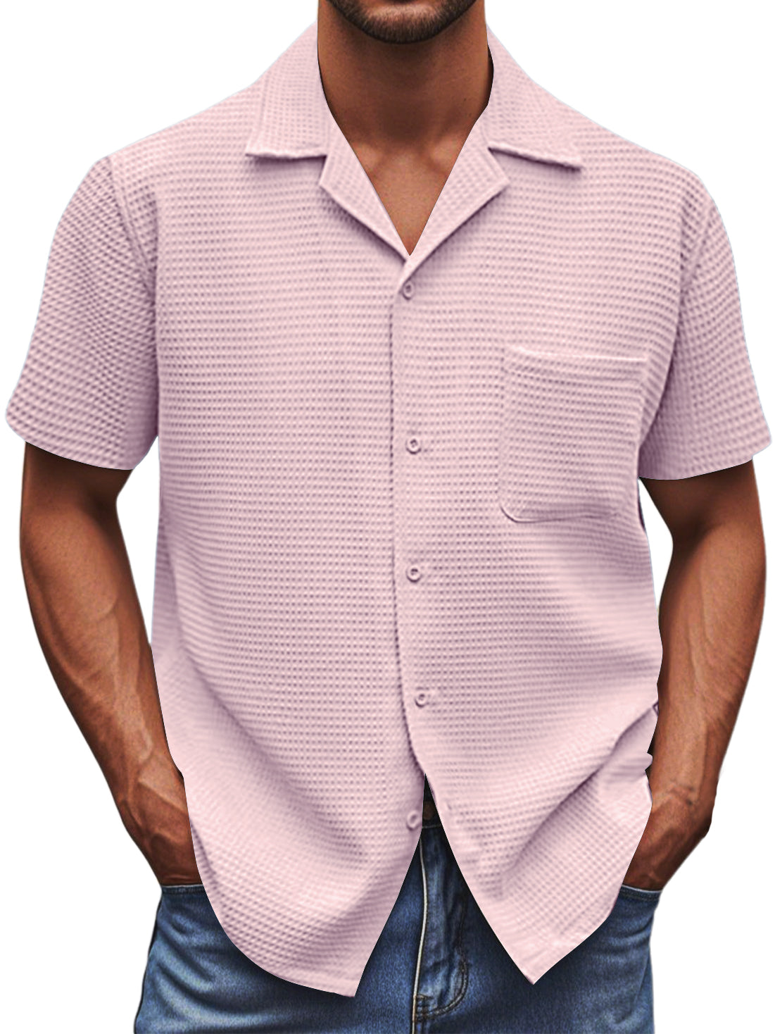 Men's Cuban Collar Waffle Texture Basic Soft And Comfortable Daily Casual Pocket Short-sleeved Shirt