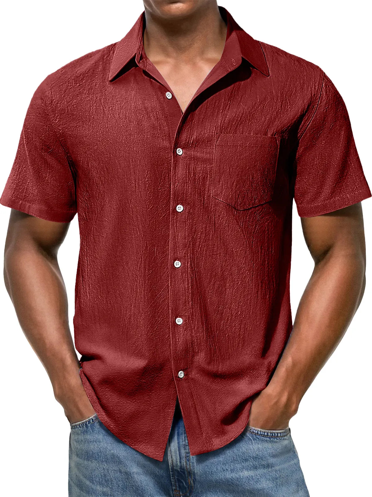Men's Casual Texture Lapel Pocket Solid Color Comfortable Short Sleeve Shirt