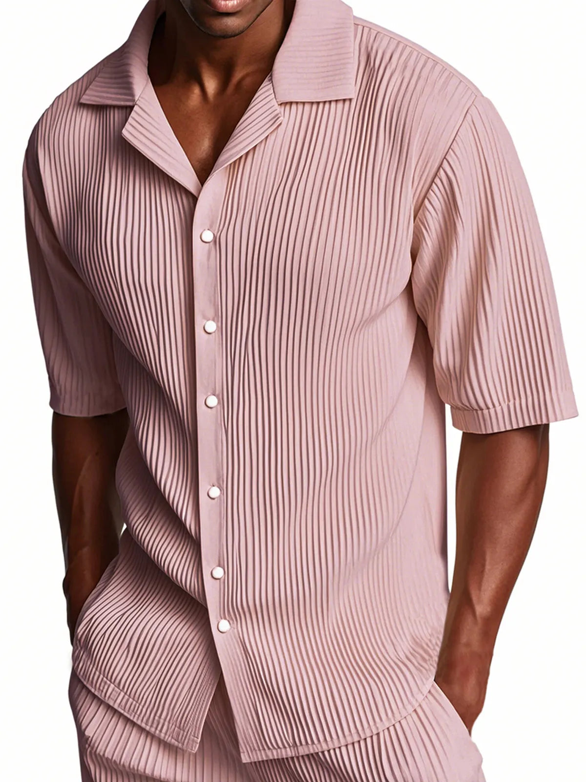 Men's Pleated Cuban Collar Casual Ribbed Fabric Short Sleeve Lapel Shirt