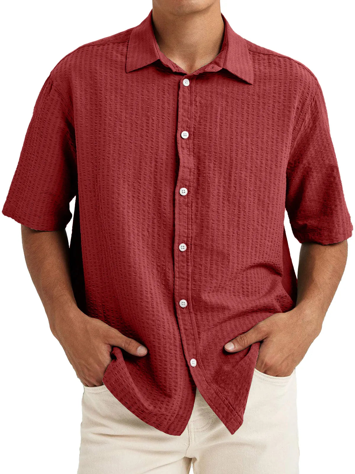 Men's Casual Textured Lapel Solid Color Short-sleeved Shirt