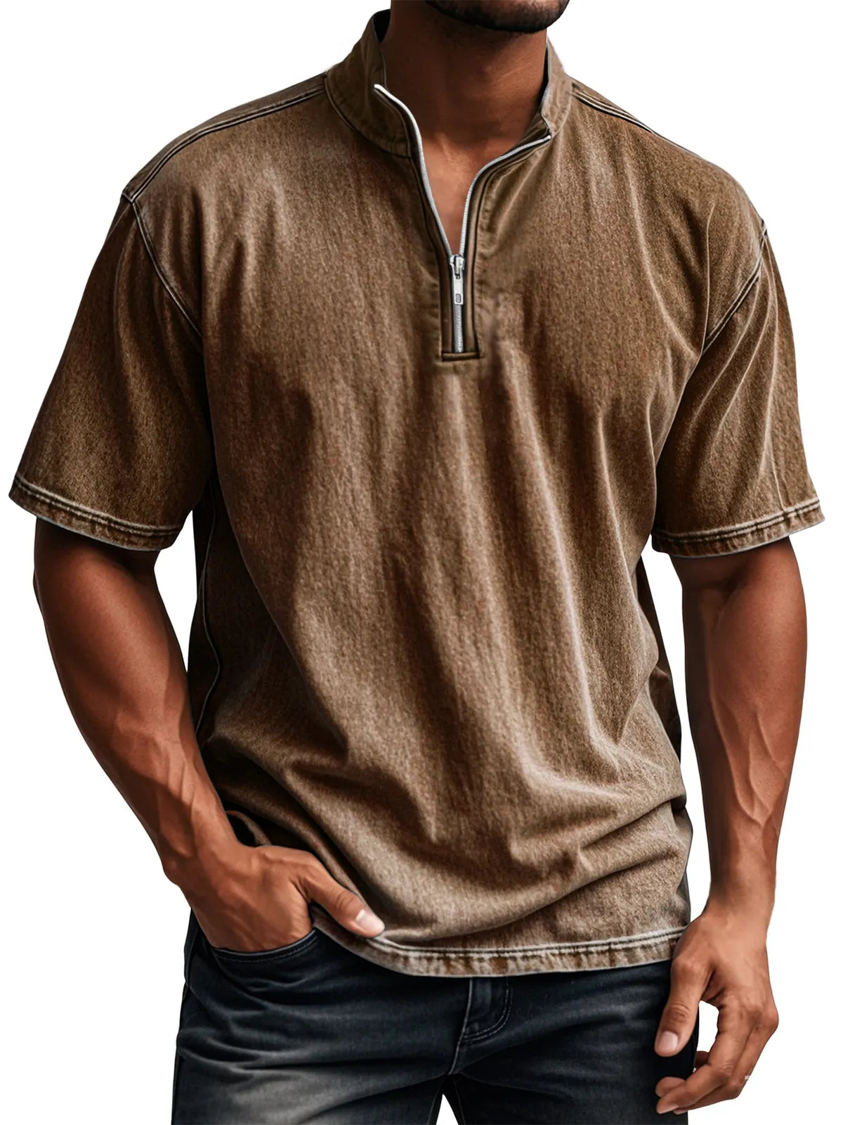 Men's Retro Everyday Stand Collar Quarter Zip Casual Short Sleeve T-Shirt
