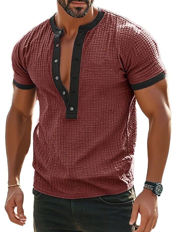Men's Fashion Retro Textured Fabric Short-sleeved Henley Shirt