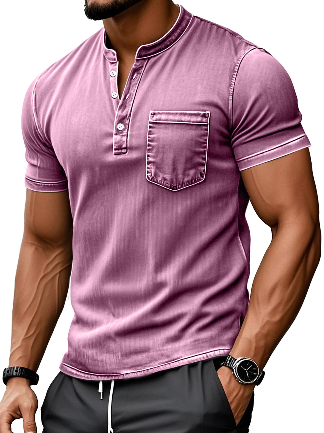 Men's Retro Everyday Stand Collar Pocket Casual Short Sleeve Henley Shirt