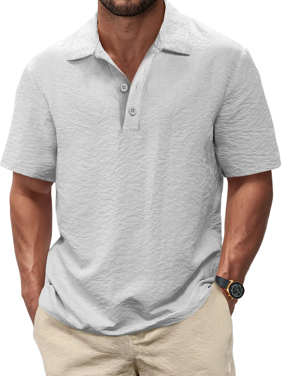 Men's Casual Pleated Texture Button Solid Color Short-sleeved Polo Shirt