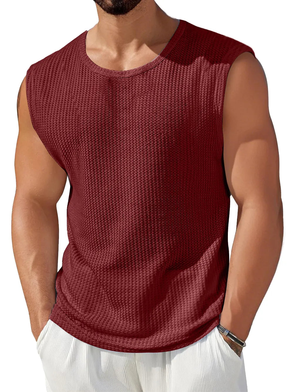 Men's Daily Waffle Round Neck Casual Solid Color Sleeveless Vest