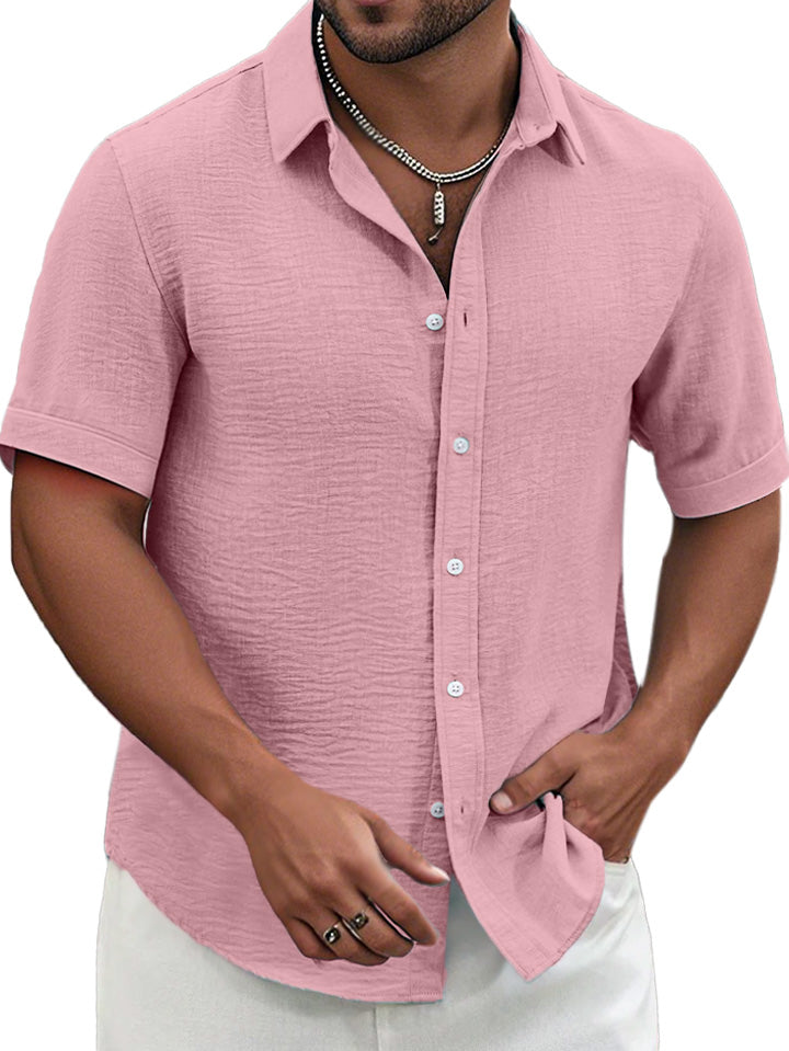 Men's Summer Solid Color Textured Short-sleeved Lapel Button-down Shirt