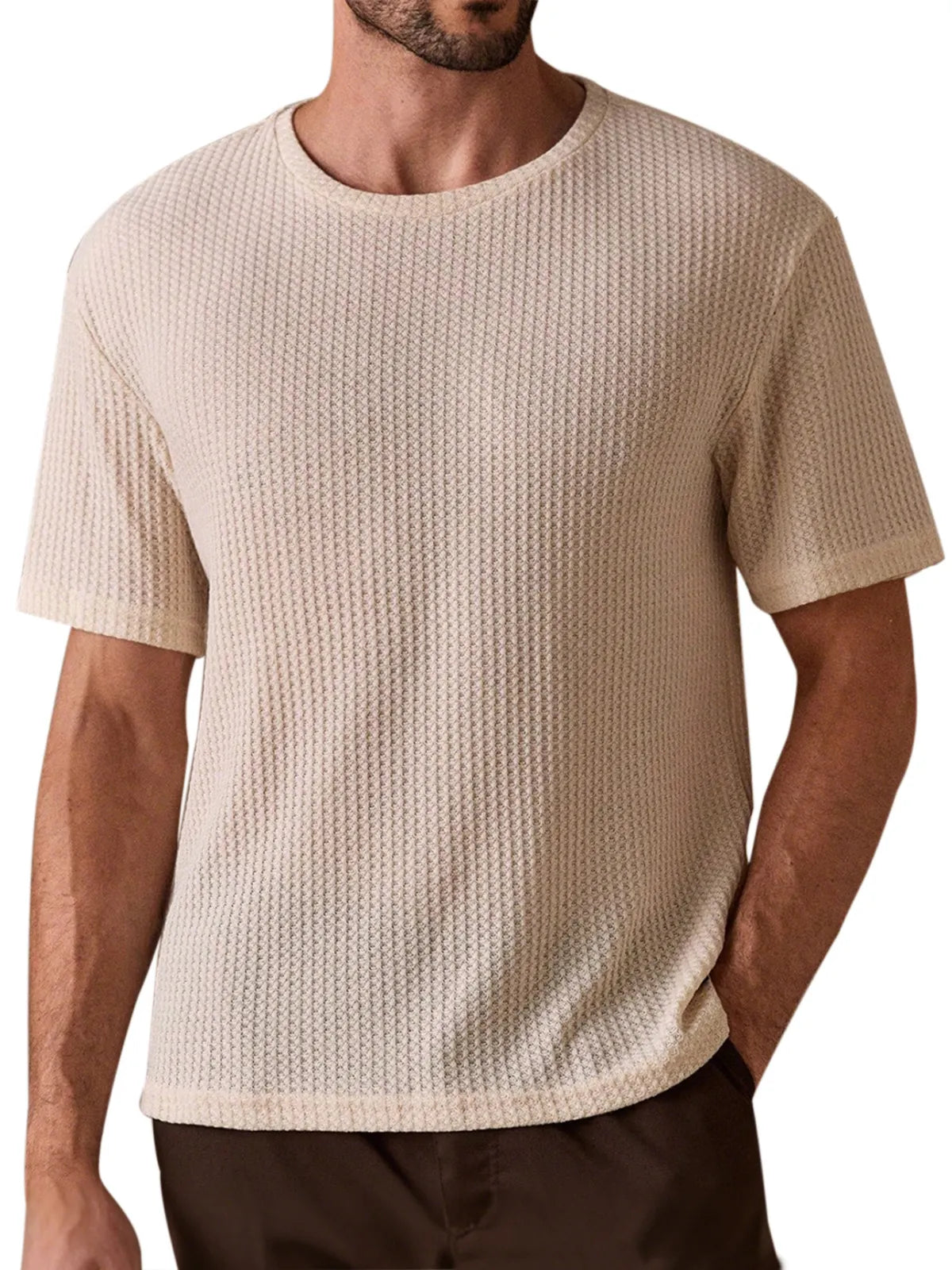 Men's Simple And Comfortable Solid Color Waffle Texture Round Neck Short-sleeved T-shirt