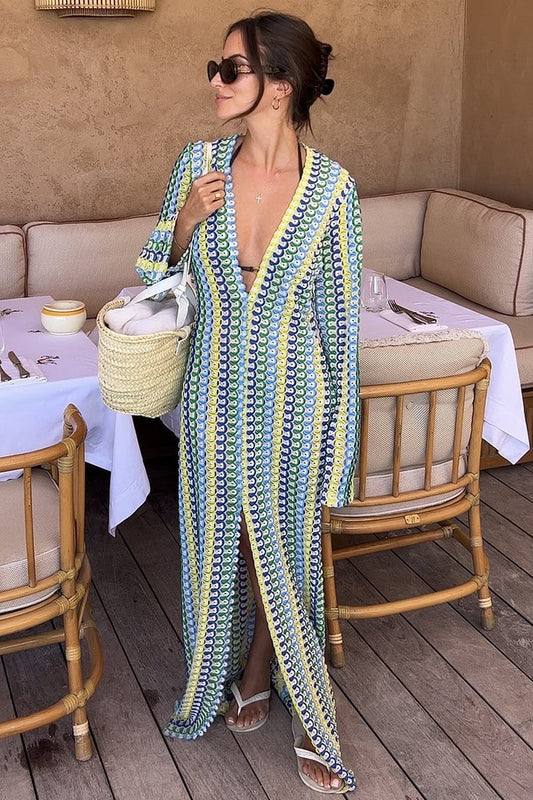 BOHO V NECK BELL SLEEVE WAVY STRIPED CROCHET BEACH VACATION MAXI DRESS