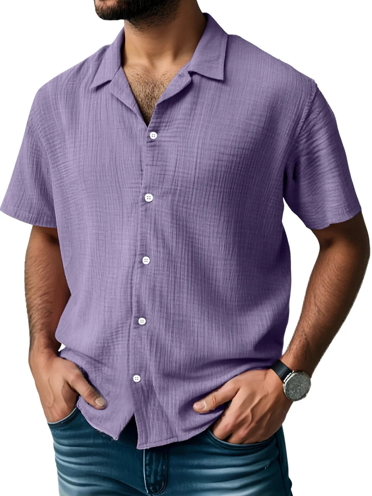 Men's Everyday Solid Color Pleated Texture Short-sleeved Shirt