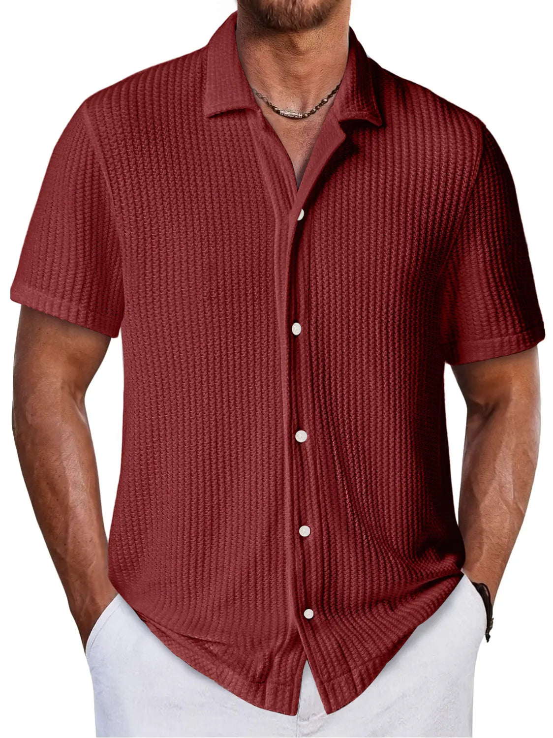 Men's Daily Waffle Texture Casual And Comfortable Short-sleeved Shirt