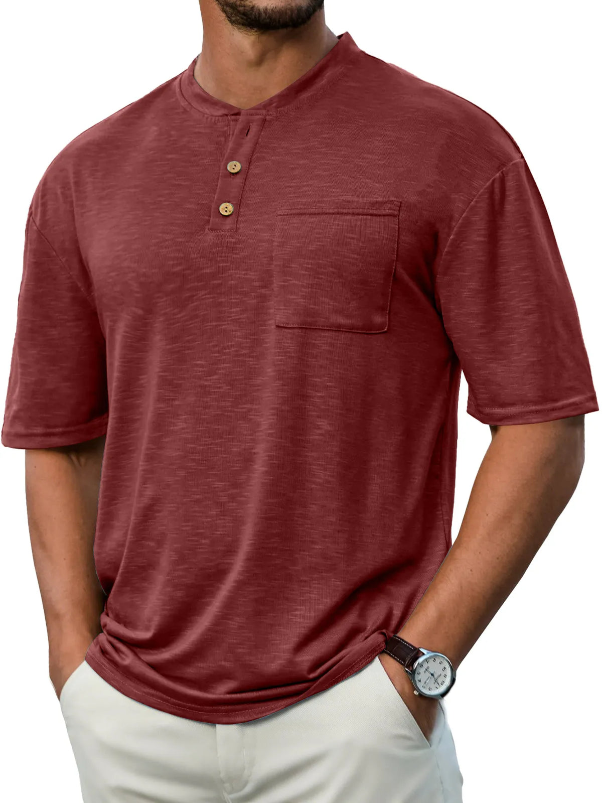 Men's Everyday Casual Stand Collar Pocket Comfort Short Sleeve Henley Shirt