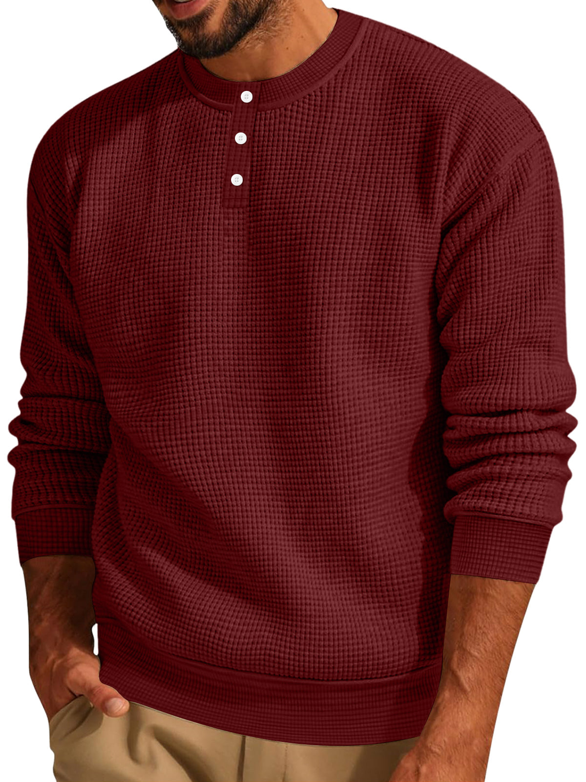 Men's Casual Waffle Solid Button Up Long Sleeve Henley