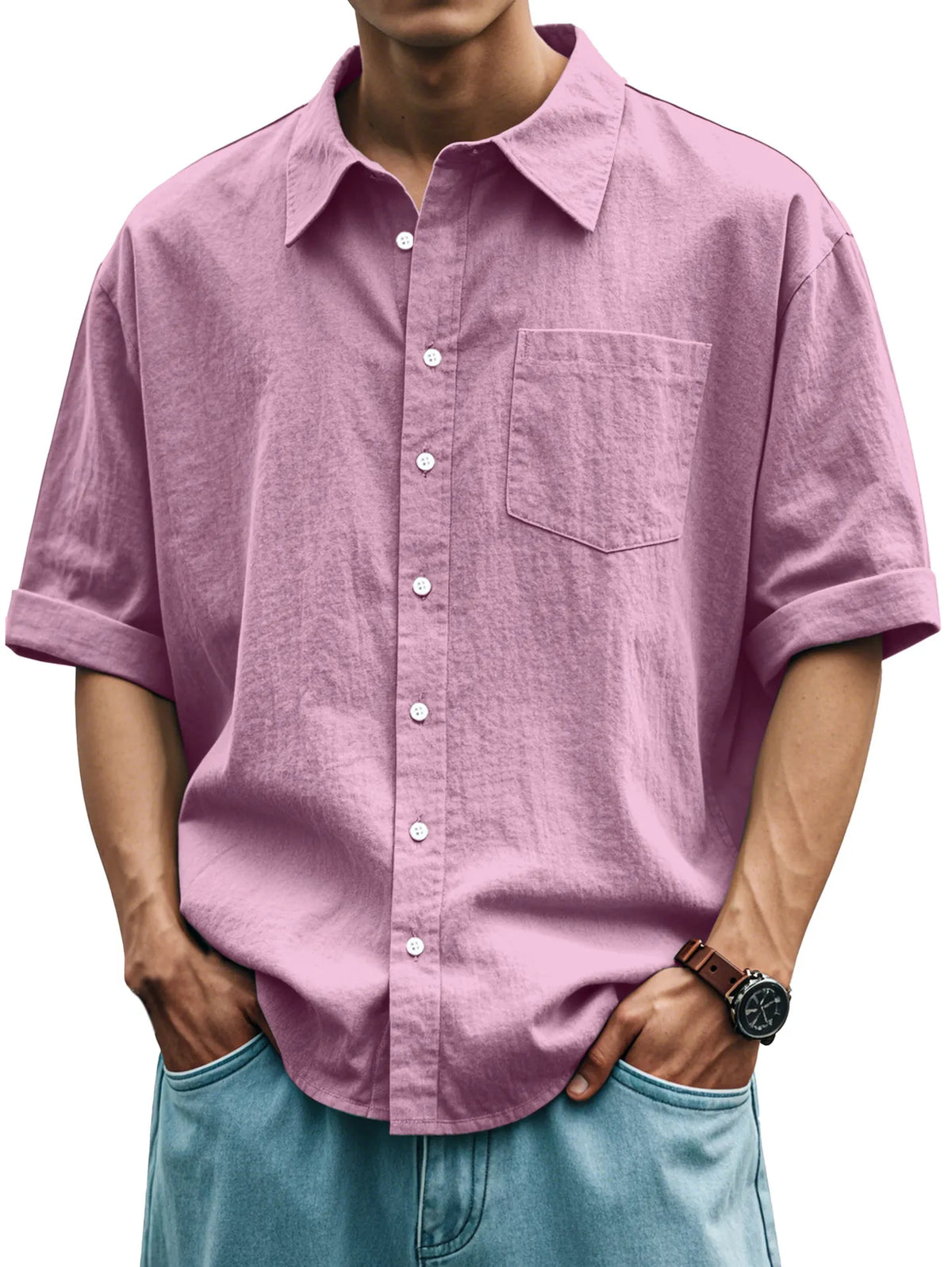 Men's Casual Everyday Solid Color Plaid Short Sleeve Button-down Shirt