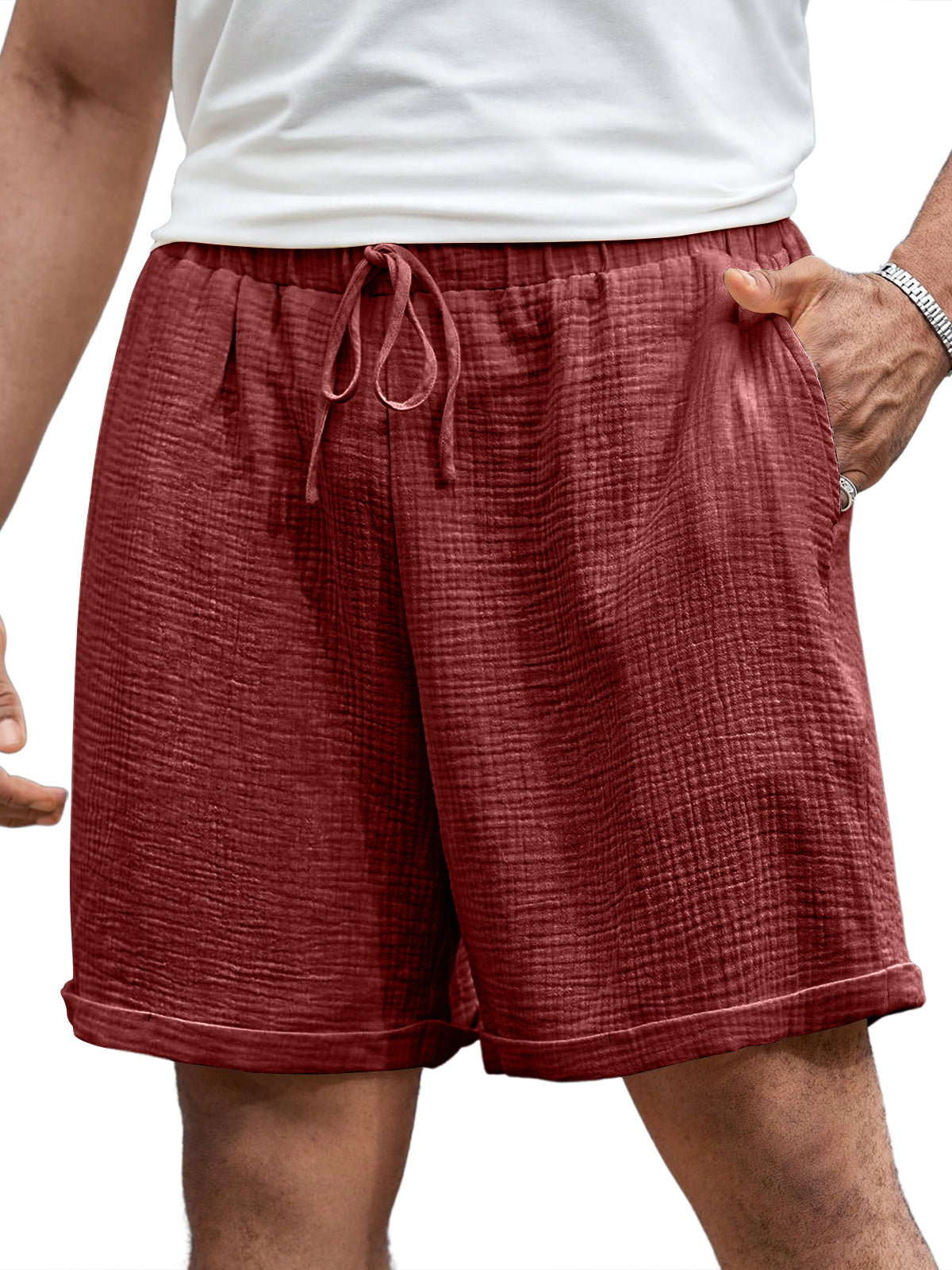 Men's Casual Pleated Elastic Waist Comfort Solid Color Shorts