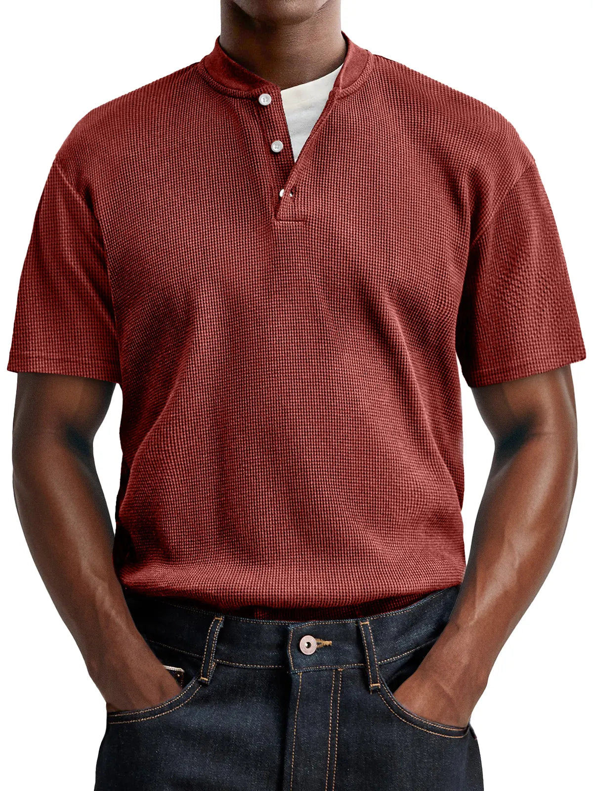 Men's Waffle Casual Button Up Comfort Short Sleeve Henley